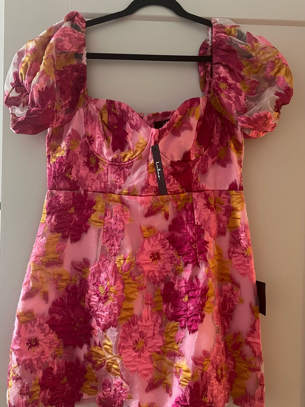 Lulu's Pink & Yellow Floral Puff-Sleeve Dress
